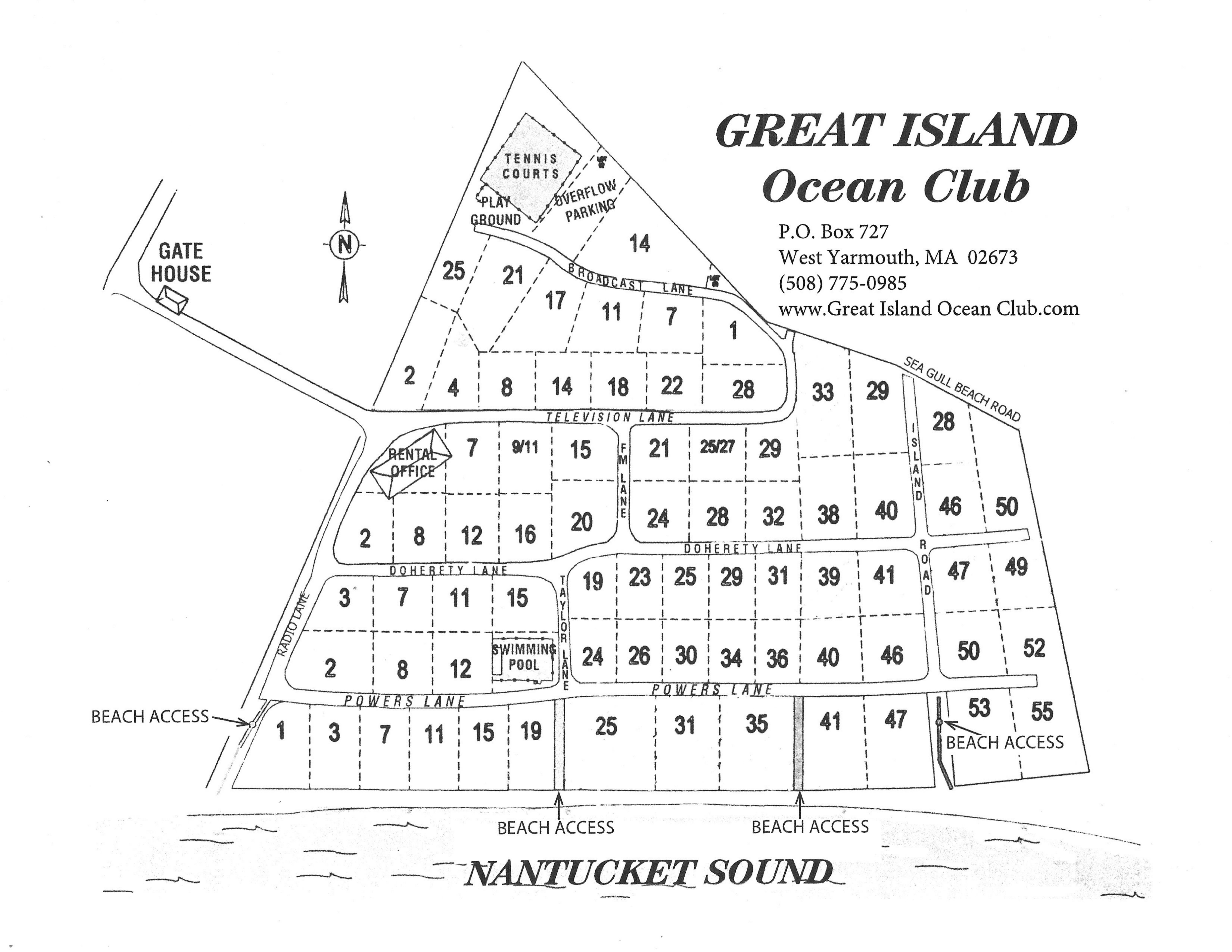 Great Island Ocean Club neighborhood map showing streets, beach access, and amenities